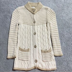 👉 Girls Cream & Tan Cable Knit Button-Front Cardigan Sweater w/ Pockets